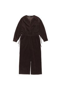 Mono de pana marrón con cuello redondo, mangas largas y cordón ajustable en la cintura para una silueta ajustada.