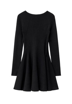 Black dress with long sleeves, flared skirt, ribbed texture, and a wide round neckline. Tailored seams create a fitted silhouette.