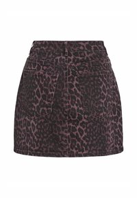 Leopard-print spijkerrok in donkerpaars en zwart, met een aansluitende taille, twee achterzakken en een rechte zoom.