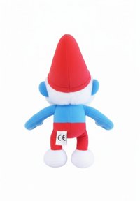 Pluche gnoomfiguur met een rode hoed, blauwe lichaam, rode broek en witte schoenen. Heeft een zachte stof, afgeronde vormen en een CE-label op de achterkant.