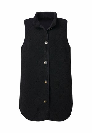 Gilet in pile trapuntato nero con colletto rialzato e quattro bottoni frontali, senza maniche e con orlo arrotondato.