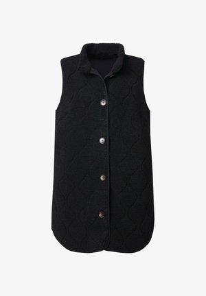 Black quilted fleece vest with stand collar and four front buttons, sleeveless, and rounded hem.