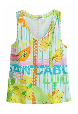 Sleeveless V-neck top with vertical blue stripes, tropical fruit and flower prints, and colorful text patterns in green, pink, orange, and blue.