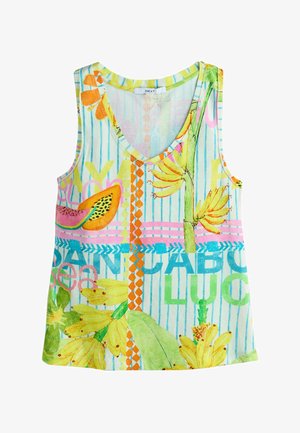 Ærmeløs V-hals top med lodrette blå striber, tropiske frugter og blomsterprint samt farverige tekstmønstre i grøn, pink, orange og blå.
