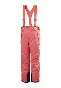 Pantalones de nieve rosa con tirantes ajustables naranjas, dos bolsillos laterales y detalles negros en los puños, diseñados para uso exterior en invierno.