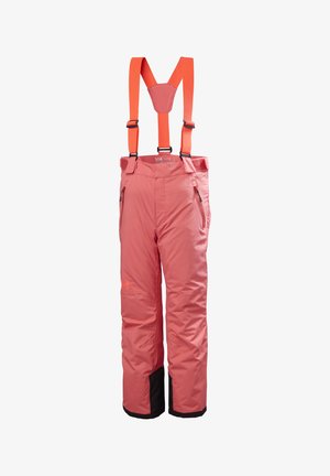 Pantalones de nieve rosa con tirantes ajustables naranjas, dos bolsillos laterales y detalles negros en los puños, diseñados para uso exterior en invierno.