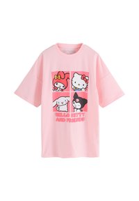 Svetloružové tričko s krátkym rukávom so štyrmi kreslenými postavičkami v štvorcoch a textom "Hello Kitty and Friends" na prednej strane.