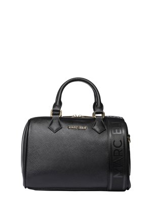 Sac à main noir Marc Ellis avec une surface texturée, deux poignées et une bandoulière de marque, présenté sur fond blanc.