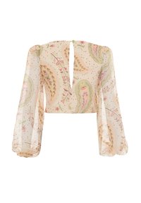 Abgeschnittene Bluse aus durchscheinendem Stoff mit einem Paisleymuster in sanftem Rosa und Grün, mit puffartigen langen Ärmeln und einem Schlüssellochdetail auf der Rückseite.