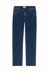Tmavomodré džíny rovného strihu vyrobené z denimu s hladkou textúrou, s prednými vreckami a gombíkovým zapínaním v páse.