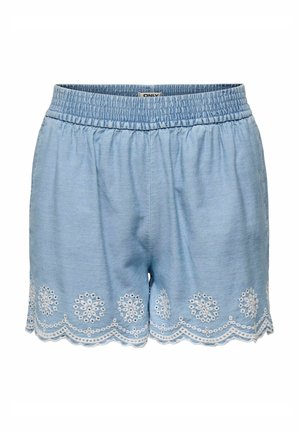 Light blue shorts made of soft fabric, featuring an elastic waistband and decorative white embroidery at the hem with scalloped edges.