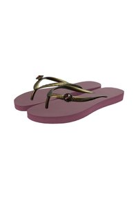 Paarse flip-flops met gestructureerde zolen, metallic bronzen banden en met edelstenen versierde banden, ontworpen voor casual gebruik.