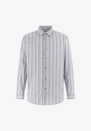 Gestreepte overhemd met lange mouwen in grijs en wit, met een puntkraag, knopen aan de voorkant en een subtiel merkembleem op de borst.
