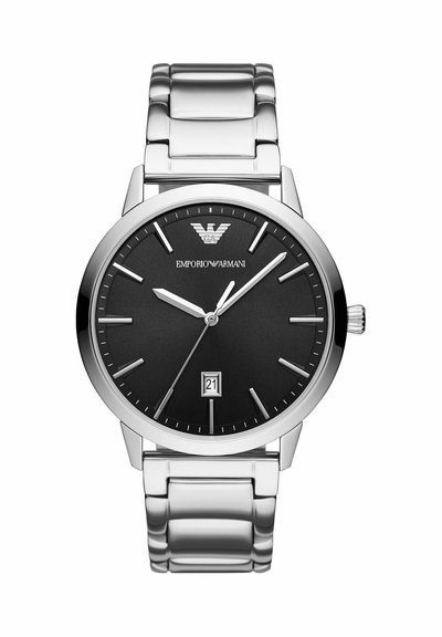 Silberne Metallarmbanduhr mit schwarzem Zifferblatt, silbernen Stundenmarkierungen und Zeigern, Datumsfenster bei 6 Uhr und Emporio Armani-Logo bei 12 Uhr.