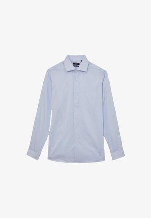 Camicia a maniche lunghe a righe azzurro chiaro e bianco con colletto, bottoni sul davanti e polsini con bottoni. Realizzata in tessuto intrecciato.