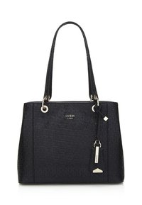 Musta synteettinen käsilaukku, jossa on kohokuvioitu logo-kuvio, kaksi pyöreää kahvaa, kultasävyinen metalliosat ja irrotettava logotarra.