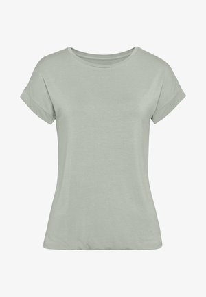 T-shirt verde chiaro a maniche corte, realizzato in tessuto morbido, con scollatura rotonda e maniche arrotolate, dal taglio comodo.