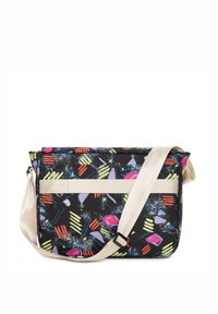 Borsa a tracolla in tessuto nero con motivi astratti colorati. Ha una tracolla beige e una banda di accento bianca prominente.