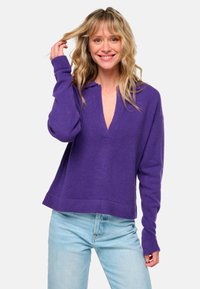 Lila Pullover mit V-Ausschnitt und langen Ärmeln, vor einem neutralen Hintergrund präsentiert. Der Stoff wirkt weich und leicht strukturiert.