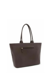 Bolso tote de cuero marrón con textura suave, dos asas largas y un bolsillo con cierre en la parte delantera. Forma elegante y rectangular.