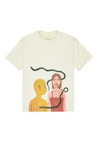 Cream-colored cotton t-shirt featuring a printed illustration of a yellow figure and a woman with text bubbles, depicting a snake-like design.