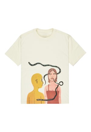 Cream-colored cotton t-shirt featuring a printed illustration of a yellow figure and a woman with text bubbles, depicting a snake-like design.