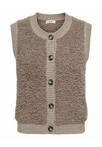 Ärmellose beigefarbene Weste mit einer strukturierten, flauschigen Vorderseite, gestrickten Seiten und einem gerippten Ausschnitt; verfügt über fünf dunkle Knöpfe auf der Vorderseite.