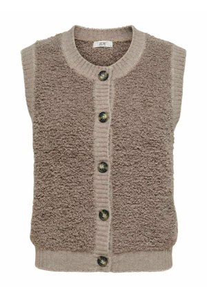 Ärmellose beigefarbene Weste mit einer strukturierten, flauschigen Vorderseite, gestrickten Seiten und einem gerippten Ausschnitt; verfügt über fünf dunkle Knöpfe auf der Vorderseite.