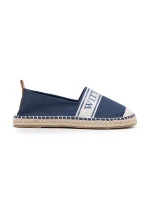 Navy blue slip-on espadrille with white striped toe, braided jute sole, and "WITT" text on side band.