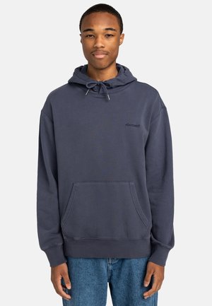 Navy blue pullover hoodie made of cotton blend, featuring a kangaroo pocket, adjustable hood, and embroidered logo on the chest.