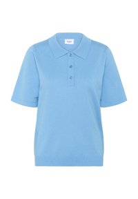 Svetlo modra polo majica s kratkimi rokavi iz teksturirane tkanine, z ovratnikom in placketom s tremi gumbi. Rebrast rob in manšete.