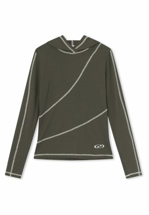 Alyvų spalvos ilgomis rankovėmis marškiniai su kapišonu ir baltais siūlais, siuvinėtais bangelėmis. Dešiniajame apačioje puikuojasi logotipas. Minkšta medžiaga.