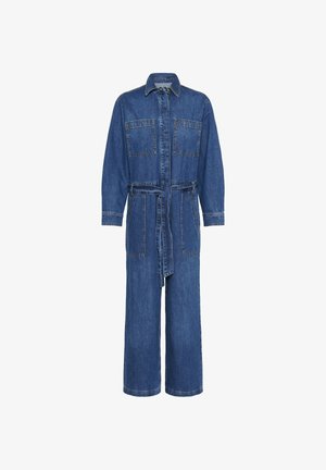 Jeans kombinezon, temno moder, dolgi rokavi, sprednji žepi, pas z obližem, široki hlačnice, sproščen dizajn, vidni šivi.