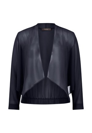 Veste courte noire semi-transparente avec un devant drapé, des manches larges et un ourlet élastique froncé à la taille. Texture légèrement brillante.
