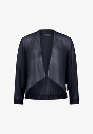 Veste courte noire semi-transparente avec un devant drapé, des manches larges et un ourlet élastique froncé à la taille. Texture légèrement brillante.