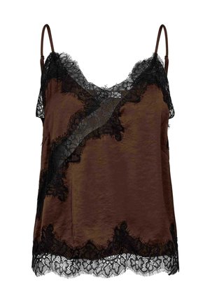 Camisole in raso marrone con bordatura in pizzo nero lungo la scollatura e l'orlo, caratterizzata da delicati motivi floreali e spalline sottili regolabili.