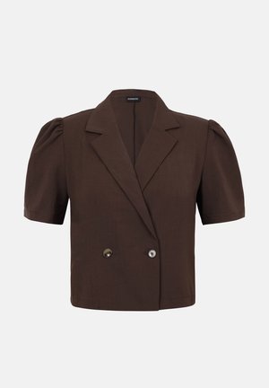Σκούρο καφέ σακάκι με κοντά μανίκια, φουσκωτούς ώμους, φαρδιές πέτες και διπλό κούμπωμα μπροστά, ραμμένο για εφαρμογή cropped.