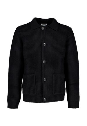 Cardigan nero lavorato a maglia con bottoni, maniche lunghe, due tasche frontali e colletto.