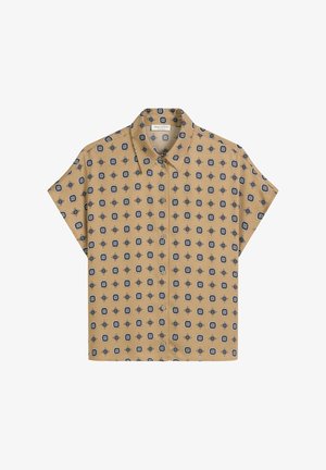 Short-sleeve blouse in mustard yellow fabric with a repeated black and white geometric pattern and a collar, featuring a button front closure.