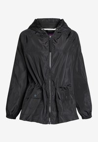 Black lightweight hooded jacket with front zipper, elastic waist, snap-button flap pockets, and gathered elastic cuffs.