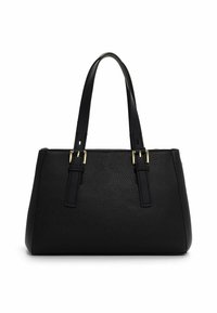 Sort tekstureret læderhåndtaske med to slanke skulderremme og guldfarvede spænde-accenter, rektangulært formet med strukturerede sider.