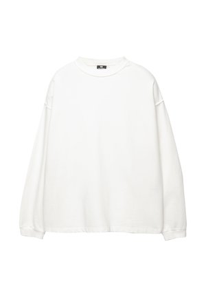 Langærmet hvid sweatshirt lavet af bomuld. Har en rund hals, dropped shoulders og ribbede manchetter. Glat tekstur uden mønstre.