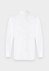 Camicia bianca a maniche lunghe in cotone, con colletto classico, sette bottoni sul davanti e una consistenza liscia. Design semplice.