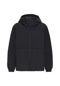 Veste noire à capuche avec fermeture éclair devant, poignets élastiques et poches latérales, conçue pour temps froid ou pluvieux.