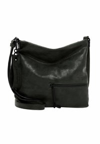 Zielona skórzana torebka crossbody o perforowanej fakturze, zakrzywionym wierzchu, regulowanym pasku oraz przedniej kieszeni na zamek błyskawiczny. Na boku przymocowana metka marki.