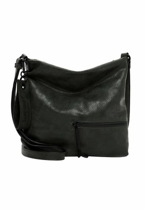 Vihreä nahkainen olkalaukku, jossa on rei'itetty pinta, kaareva yläosa, säädettävä hihna ja etupuolella vetoketjullinen tasku. Bränditag on kiinnitetty sivulle.