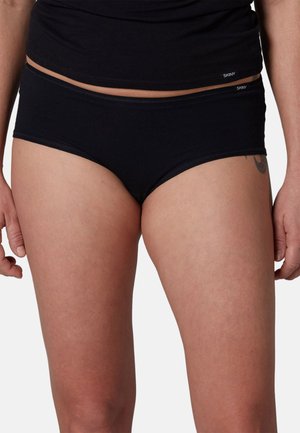Black cotton hipster briefs with a smooth texture, elastic waistband, and minimalist design. Brand label visible on the waistband.