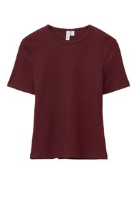 Burgundy short-sleeve t-shirt made of soft, breathable fabric with a round neckline and a relaxed fit, featuring a plain design and no patterns.