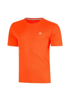 T-shirt orange vif à manches courtes avec col rond et petit logo circulaire blanc sur le côté gauche de la poitrine sur fond blanc uni.