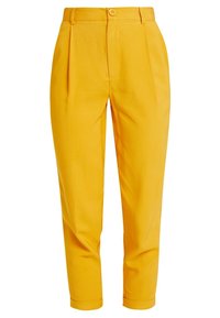 Gula skräddarsydda byxor med en slät textur, med främre veck, knappstängning och avsmalnande ben.